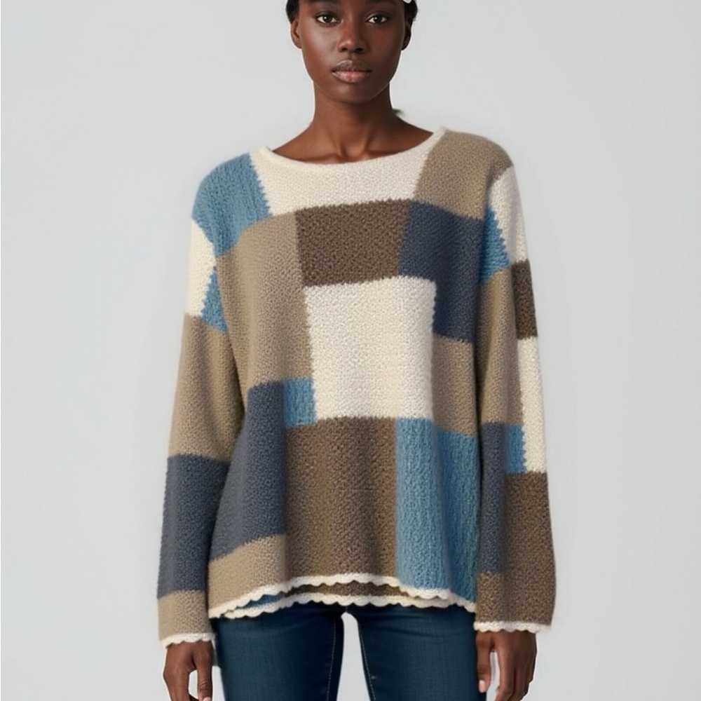 Crazy Horse Knit Sweater Color Block Pattern Multicolor Size L Crocheted